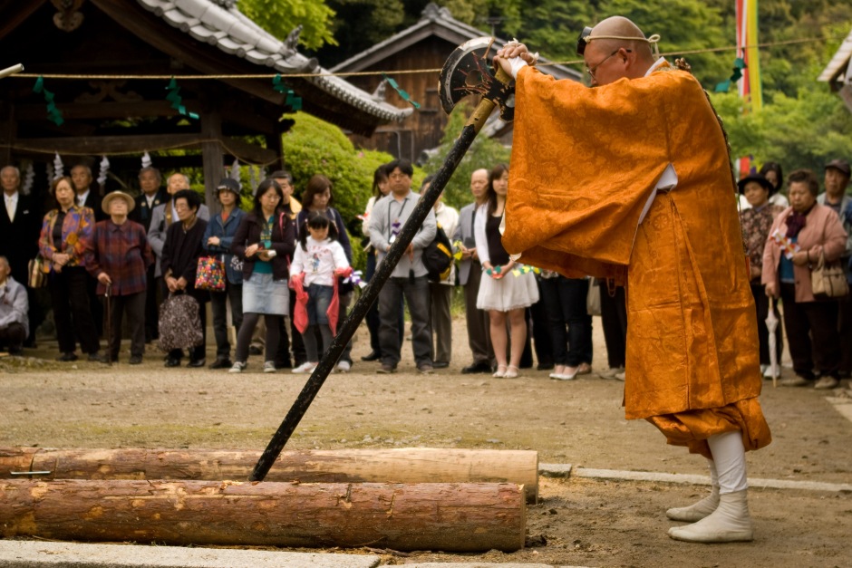 A Shinto priest prepares for a spring ceremony